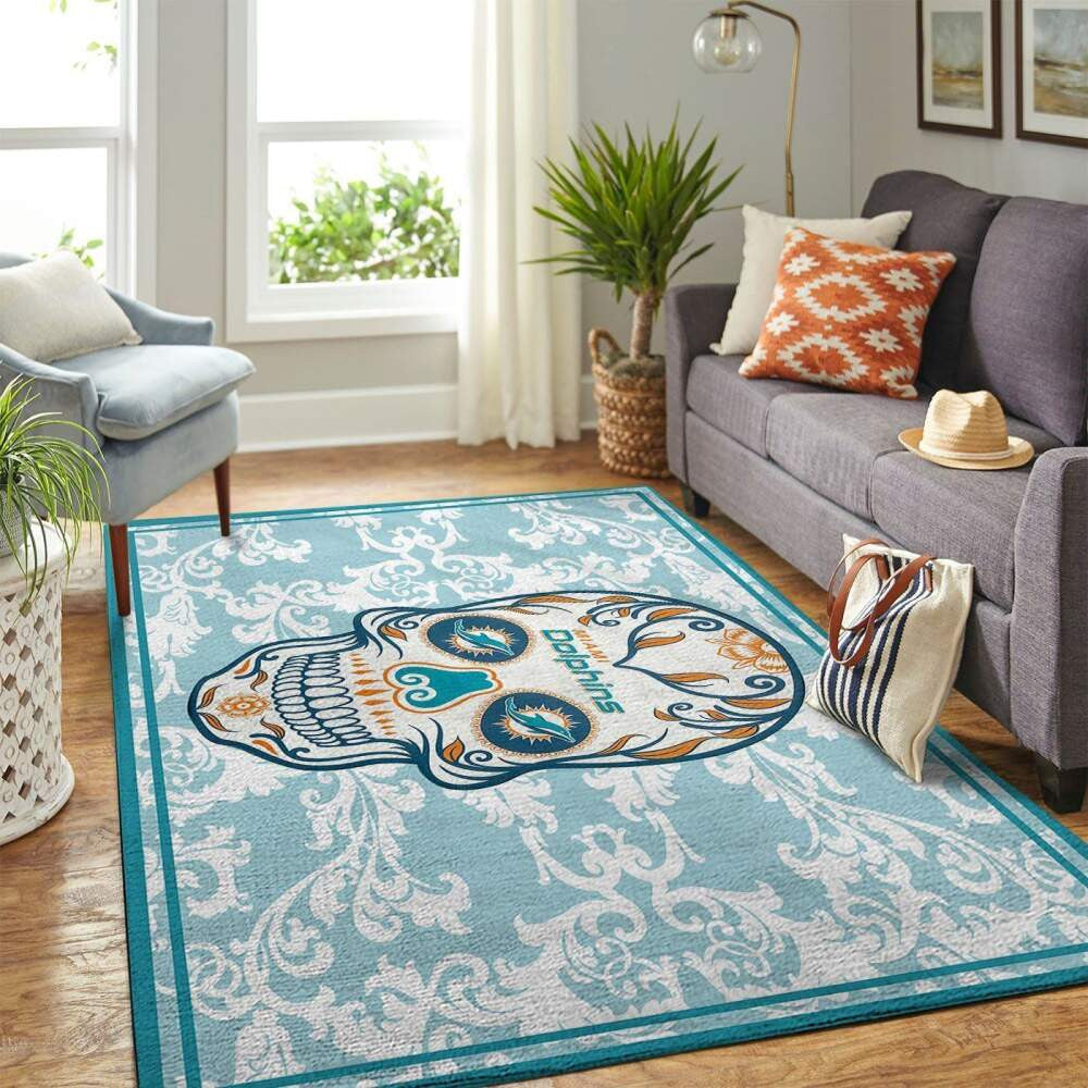 Miami Dolphins Nfl Area Skull Flower Style Sports Teppich, Teppiche - Outdoor Teppich, Teppich Wohnzimmer, Küchenteppich, Kinderzimmer, Modern