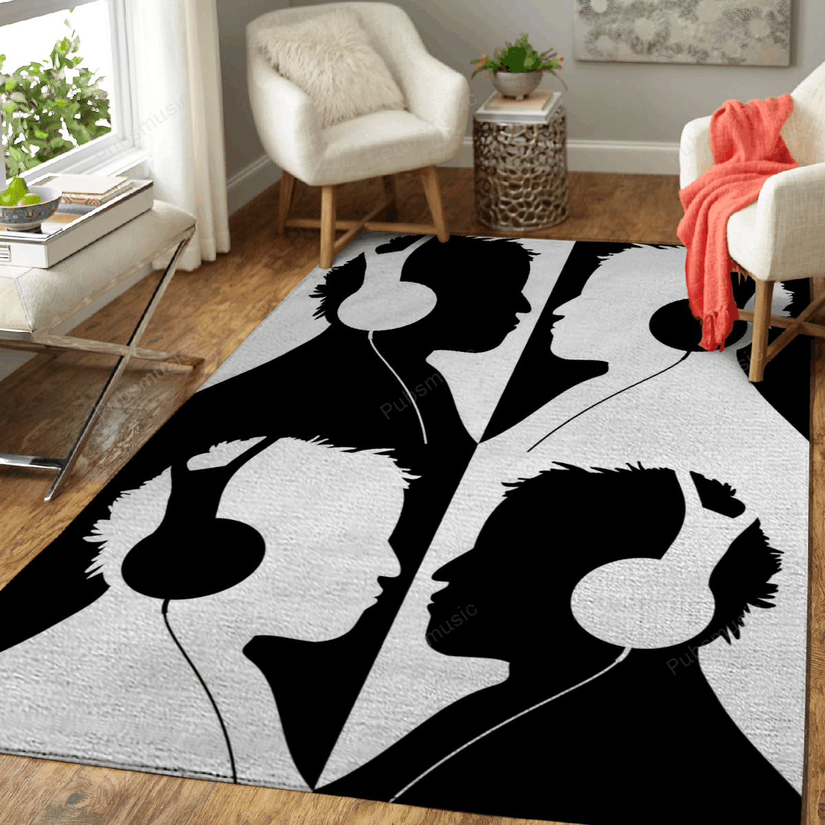 Musik hören X4 Schwarz-Weiß-Musik für Fans Teppich, Teppiche - Outdoor Teppich, Teppich Wohnzimmer, Küchenteppich, Kinderzimmer, Modern