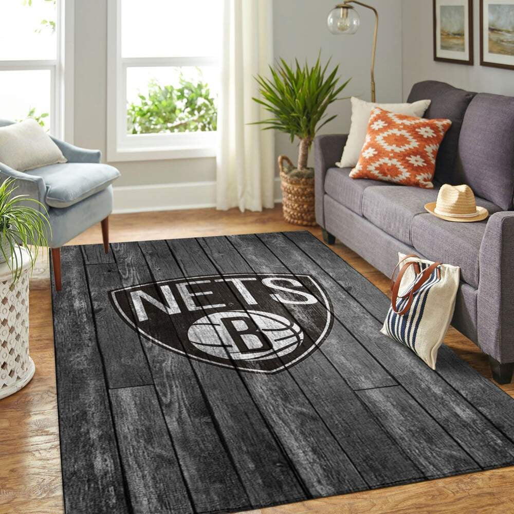 Brooklyn Nets NBA Area Basketball Team Logo grau aus Holz Teppich, Teppiche - Outdoor Teppich, Teppich Wohnzimmer, Küchenteppich, Kinderzimmer, Modern