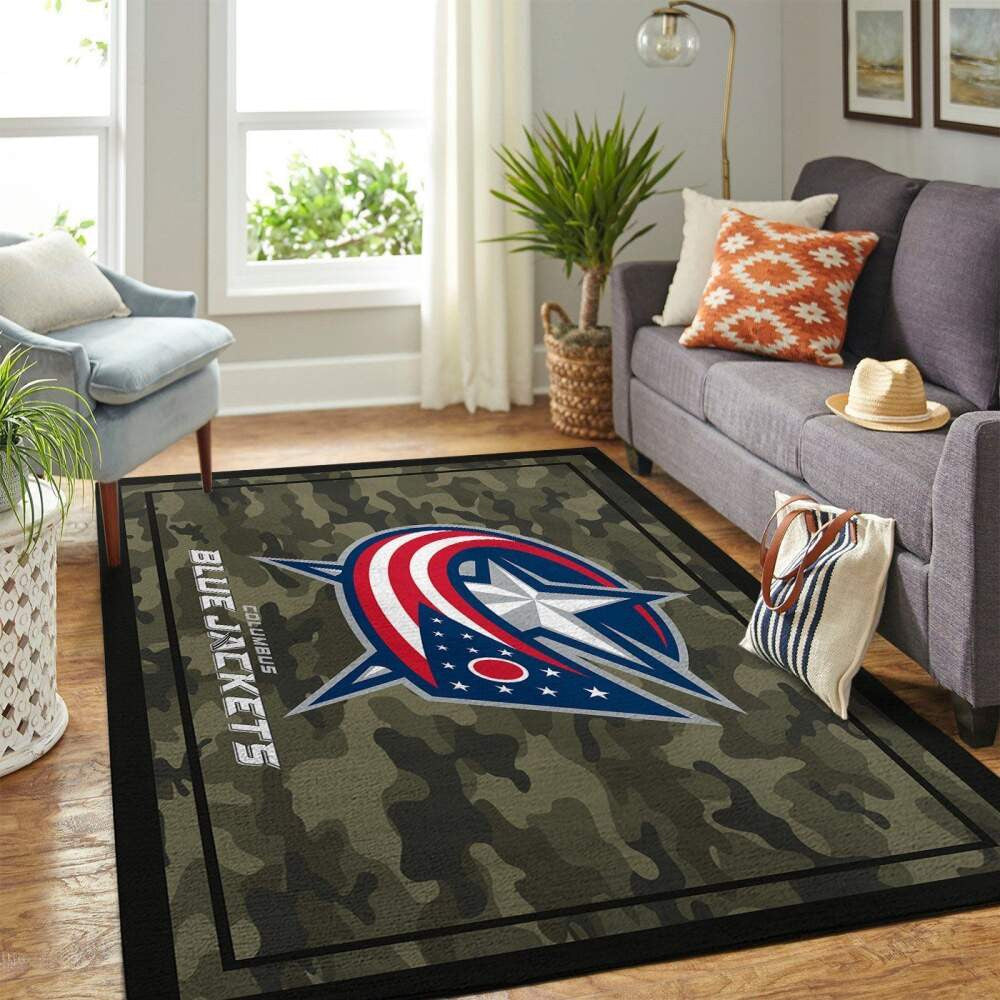 Columbus Blue Jackets Teamlogo im Nhl-Bereich im Camo-Stil Teppich, Teppiche - Outdoor Teppich, Teppich Wohnzimmer, Küchenteppich, Kinderzimmer, Modern