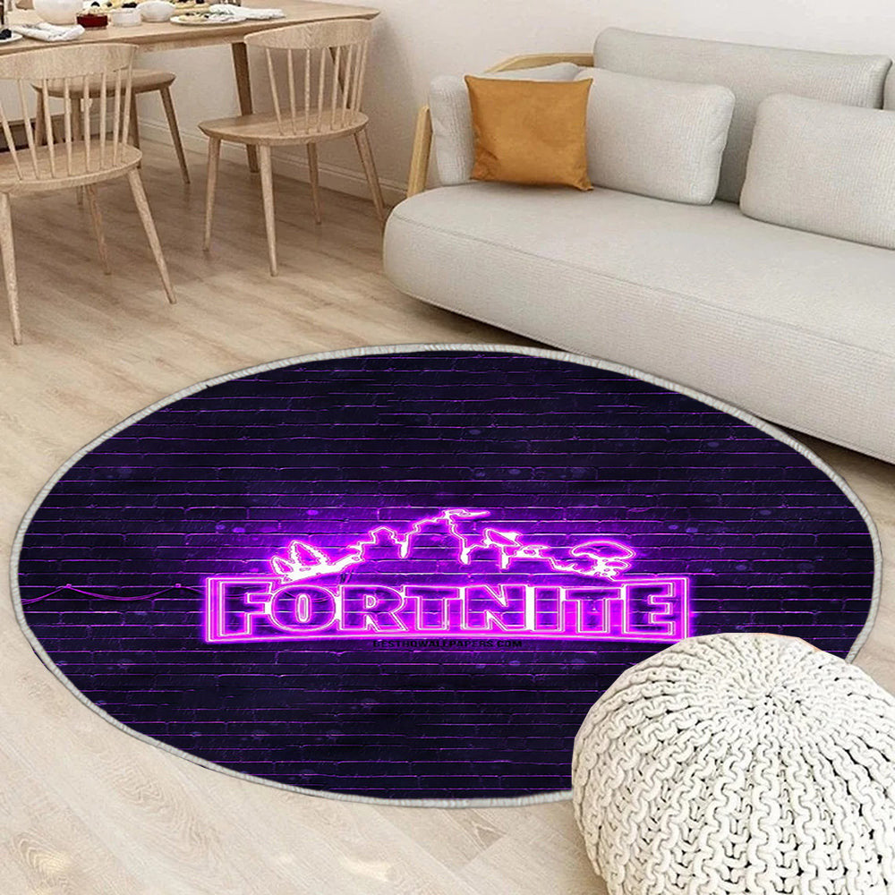 Fortnite violettes Logo violette Ziegelwand Teppich Rund, Teppiche - Outdoor Teppich Rund, Teppich Wohnzimmer, Carpet, Rug
