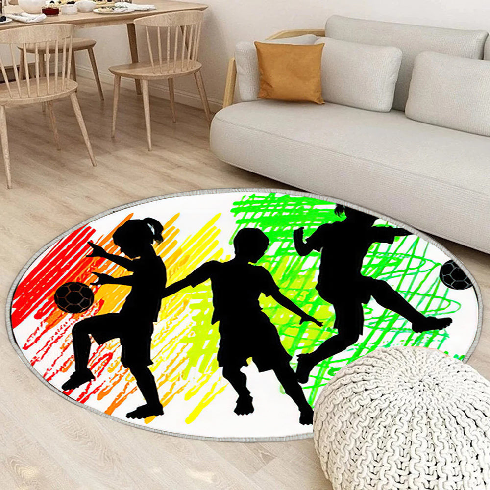 Fußball Silhouetten Kinder Jungen Und Mädchen Teppich Rund, Teppiche - Outdoor Teppich Rund, Teppich Wohnzimmer, Carpet, Rug
