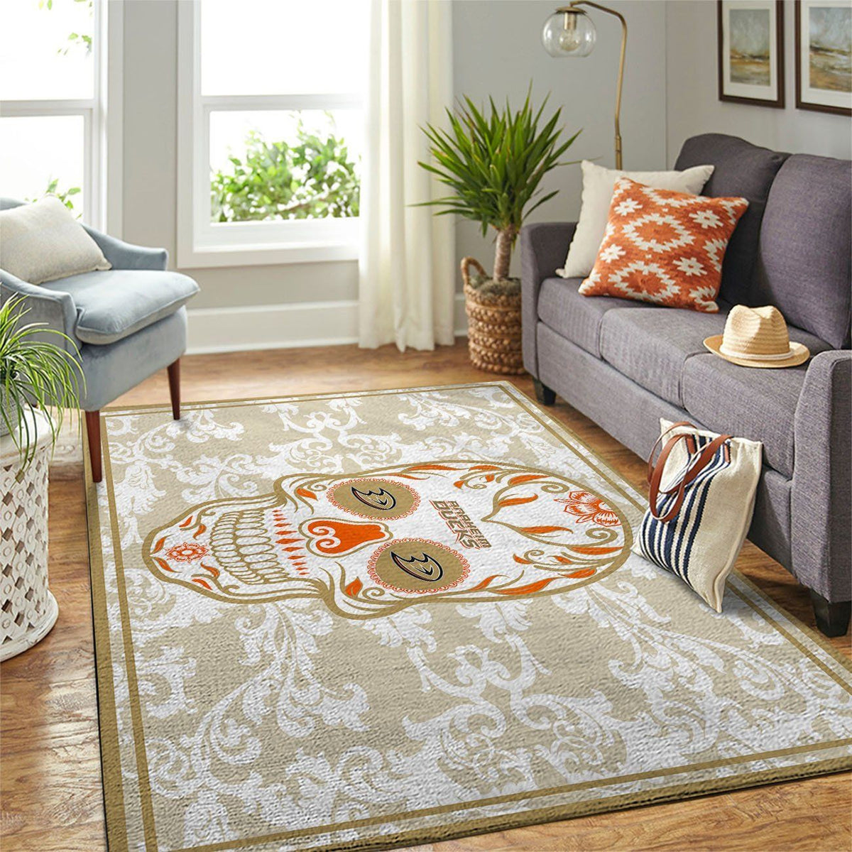 Anaheim Ducks Nhl Area Skull Flower Style Sports Teppich, Teppiche - Outdoor Teppich, Teppich Wohnzimmer, Küchenteppich, Kinderzimmer, Modern