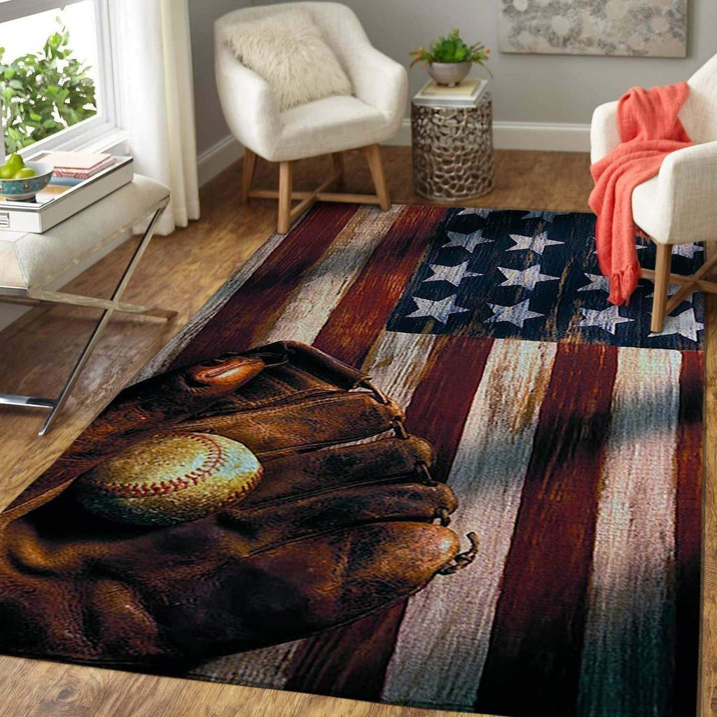 Baseball Ball Handschuh auf American Flag Area Football Teppich, Teppiche - Outdoor Teppich, Teppich Wohnzimmer, Küchenteppich, Kinderzimmer, Modern