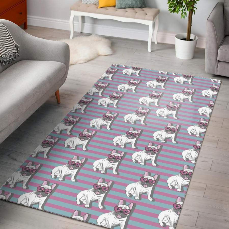 Bulldog-Herz-Sonnenbrille-Muster-Druck Teppich, Teppiche - Outdoor Teppich, Teppich Wohnzimmer, Küchenteppich, Kinderzimmer, Modern