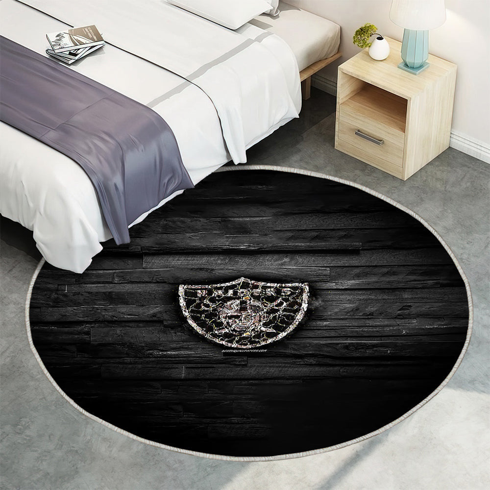 Versengtes Logo der Oakland Raiders Teppich Rund, Teppiche - NFL Outdoor Teppich Rund, schwarzer Holzhintergrund Teppich Wohnzimmer, Carpet, Rug