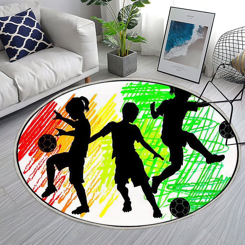 Fußball Silhouetten Kinder Jungen Und Mädchen Teppich Rund, Teppiche - Outdoor Teppich Rund, Teppich Wohnzimmer, Carpet, Rug