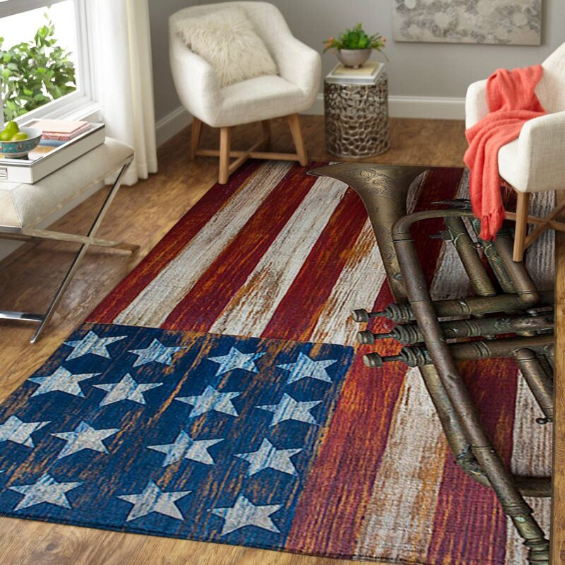 Weinlese Trompete Auf Amerikanischer Flagge Teppich, Teppiche - Outdoor Teppich, Teppich Wohnzimmer, Küchenteppich, Kinderzimmer, Modern