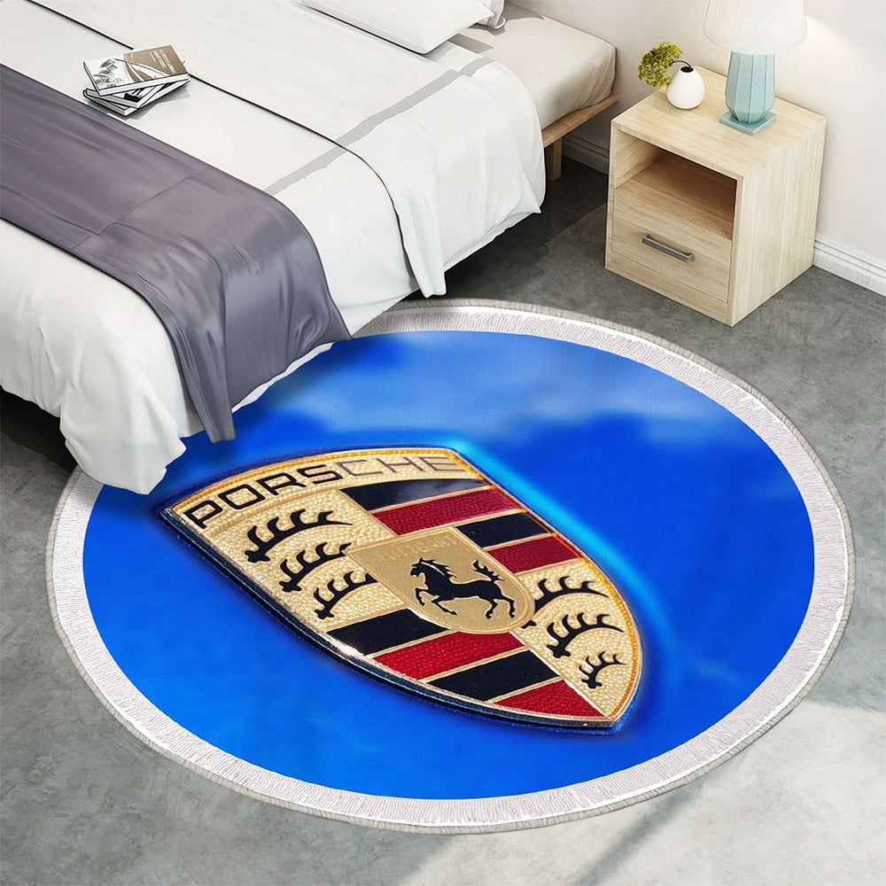 Porsche Logo auf blauem Hintergrund, Stuttgart, Deutschland Teppich Rund, Teppiche - Outdoor Teppich Rund, Teppich Wohnzimmer, Carpet, Rug
