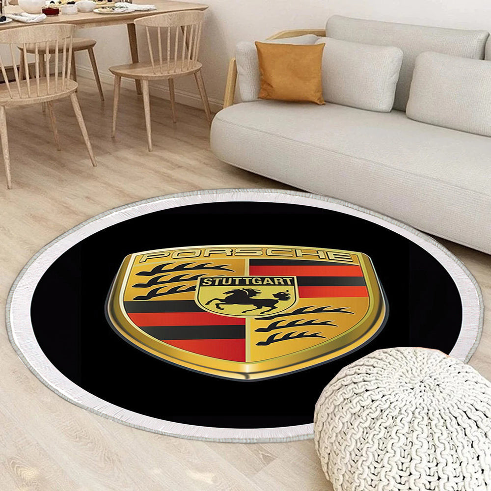 Porsche Logo Illustration auf Schwarz Teppich Rund, Teppiche - Outdoor Teppich Rund, Teppich Wohnzimmer, Carpet, Rug