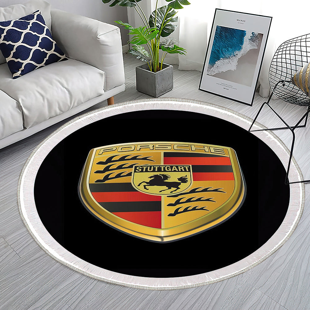 Porsche Logo Illustration auf Schwarz Teppich Rund, Teppiche - Outdoor Teppich Rund, Teppich Wohnzimmer, Carpet, Rug