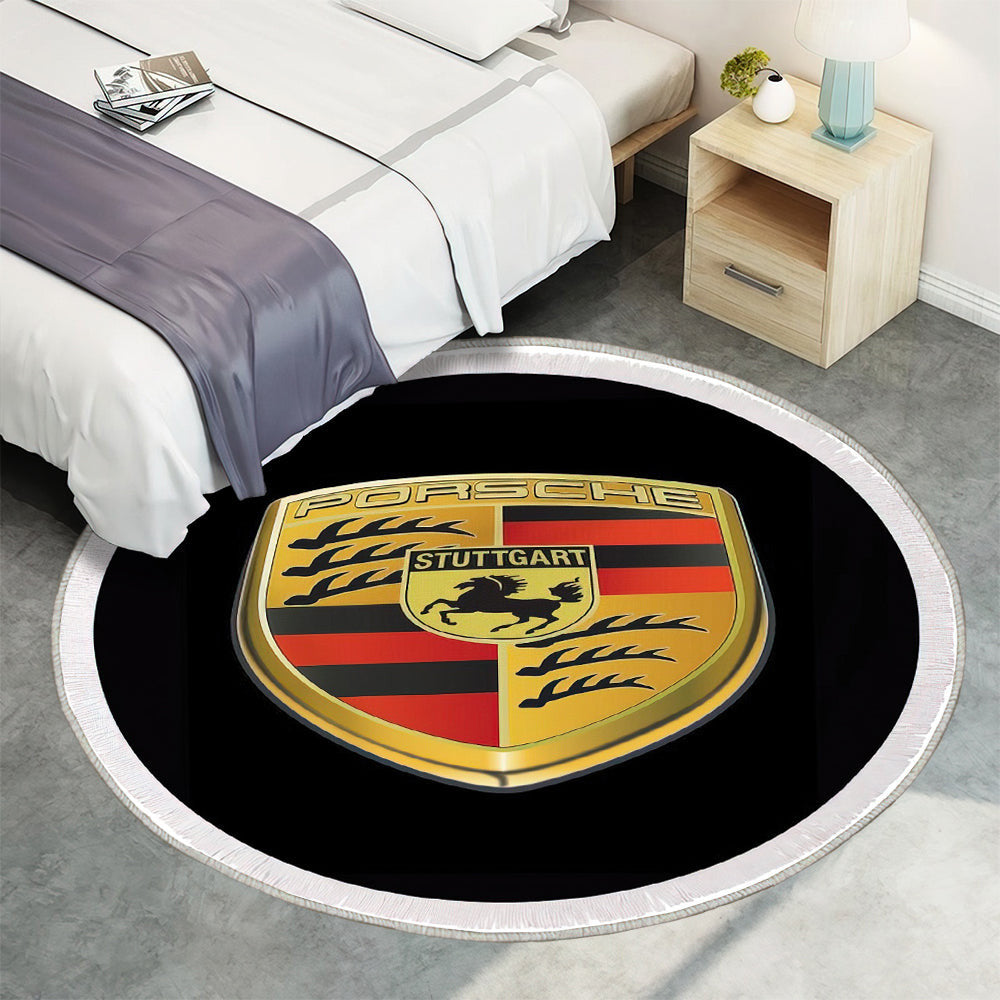 Porsche Logo Illustration auf Schwarz Teppich Rund, Teppiche - Outdoor Teppich Rund, Teppich Wohnzimmer, Carpet, Rug