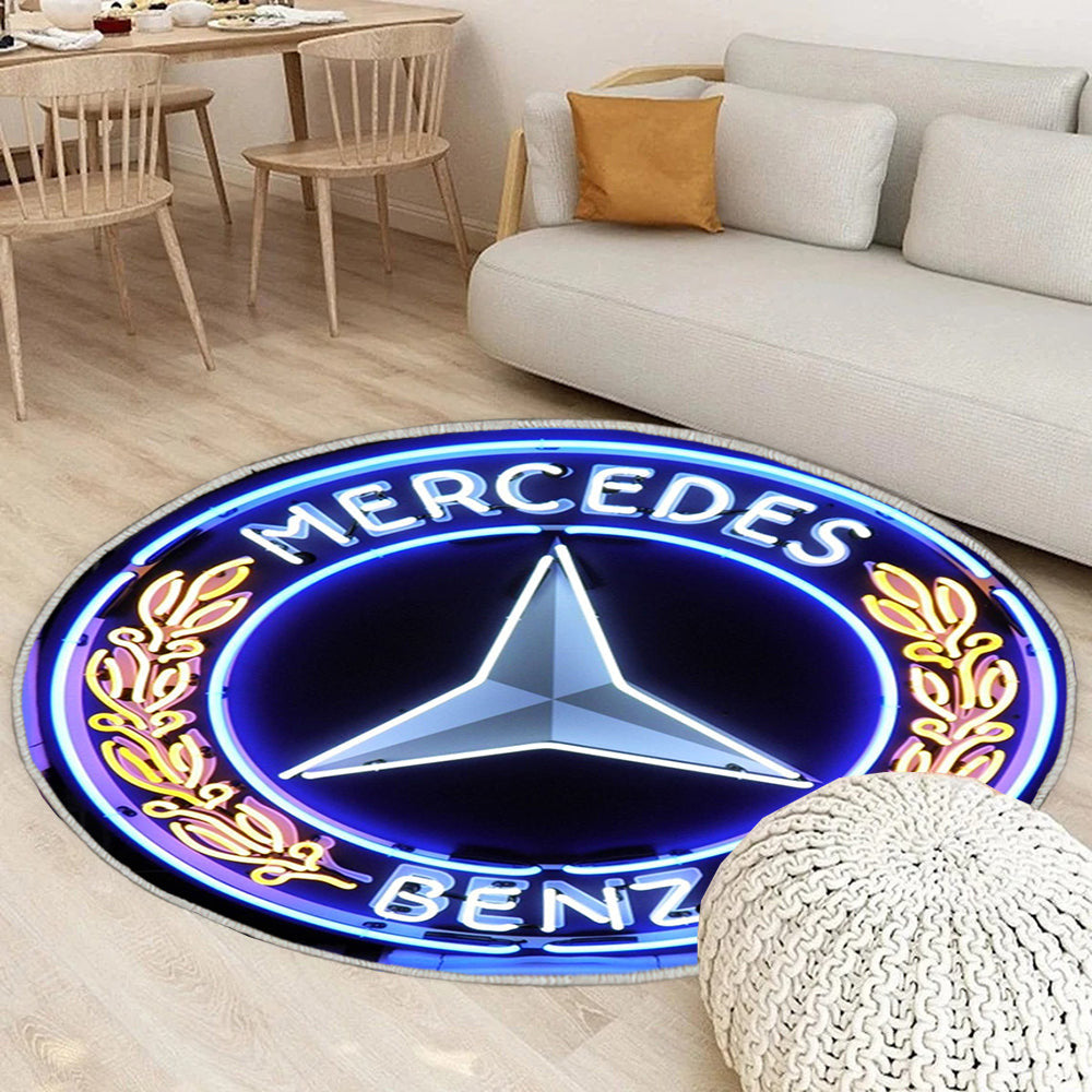 Großes Mercedes Benz Logo Leuchtreklame mit Rückplatte Teppich Rund, Teppiche - Outdoor Teppich Rund, Teppich Wohnzimmer, Carpet, Rug