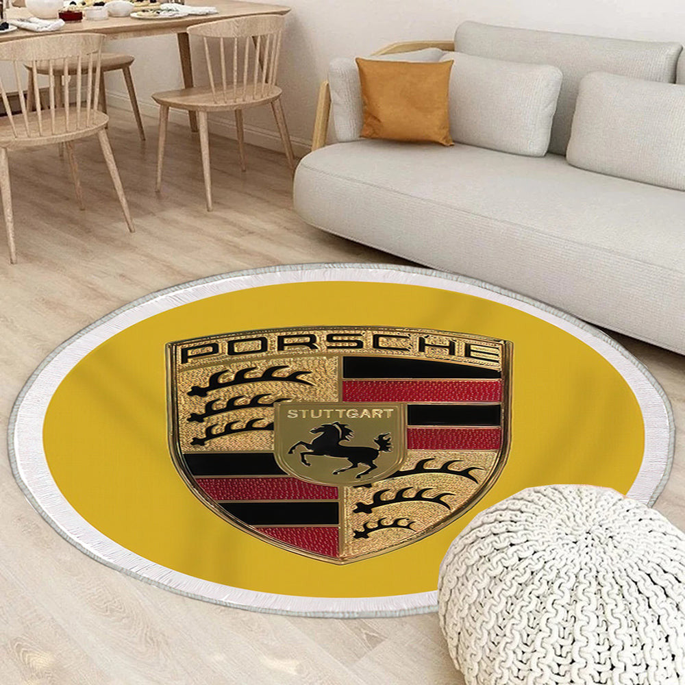 Porsche Emblem Gold Teppich Rund, Teppiche - Outdoor Teppich Rund, Teppich Wohnzimmer, Carpet, Rug