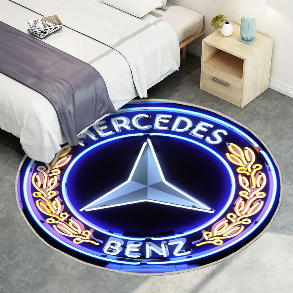 Großes Mercedes Benz Logo Leuchtreklame mit Rückplatte Teppich Rund, Teppiche - Outdoor Teppich Rund, Teppich Wohnzimmer, Carpet, Rug