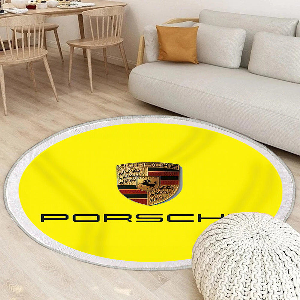 Logo auf gelbem Porsche Teppich Rund, Teppiche - Outdoor Teppich Rund, Teppich Wohnzimmer, Carpet, Rug
