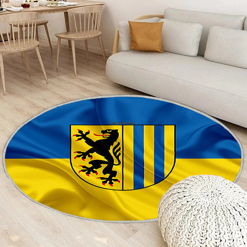 Fahne Leipzig Seideneffekt Teppich Rund, Teppiche - Blau Gelbe Seidenflagge Outdoor Teppich Rund, Wappen Teppich Wohnzimmer, Carpet, Rug