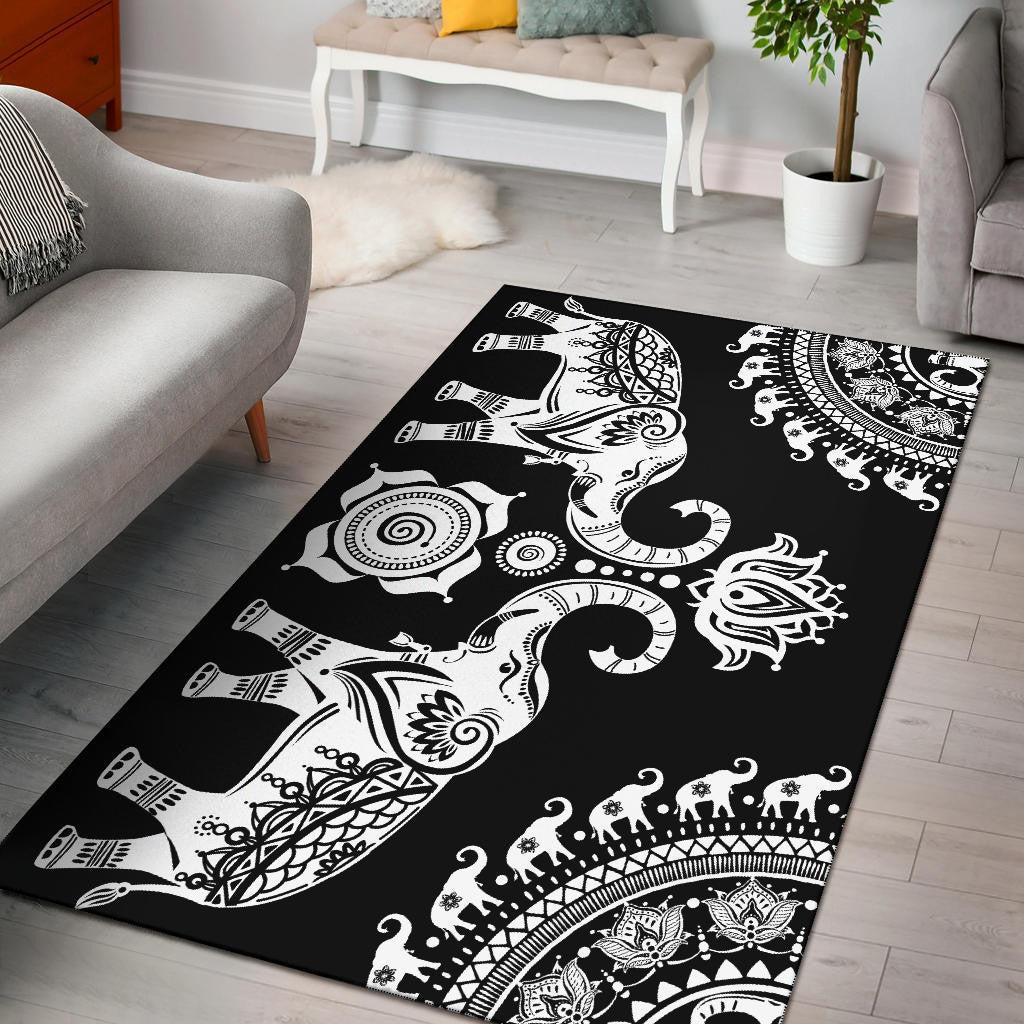 Schwarzer Elefant Mandala Teppich, Teppiche - Outdoor Teppich, Teppich Wohnzimmer, Küchenteppich, Kinderzimmer, Modern