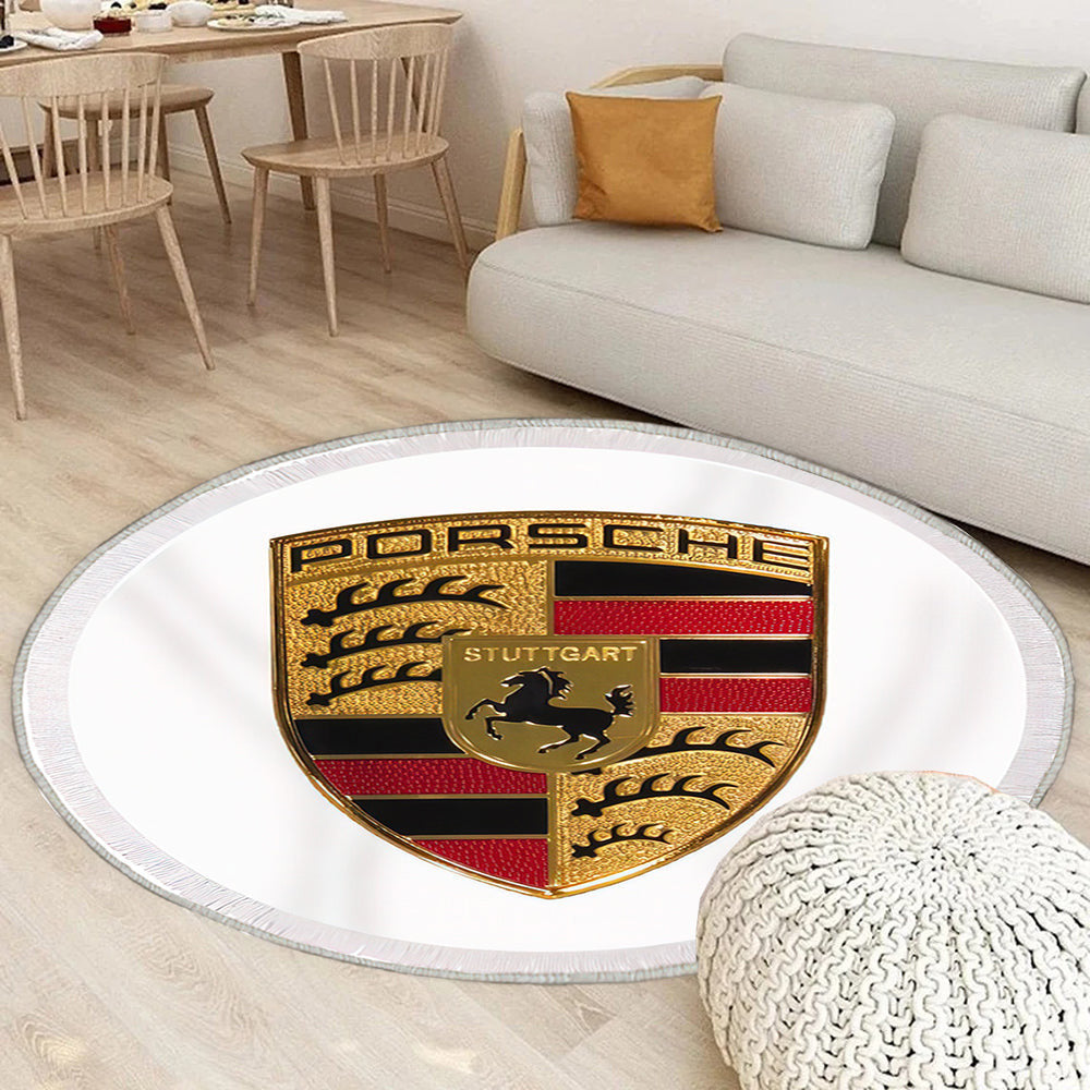 Porsche Emblem Weiß Teppich Rund, Teppiche - Outdoor Teppich Rund, Teppich Wohnzimmer, Carpet, Rug