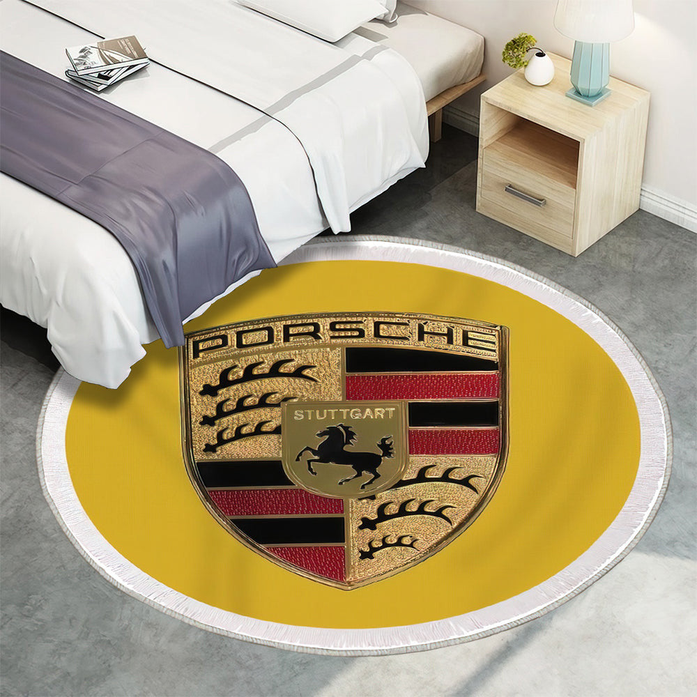 Porsche Emblem Gold Teppich Rund, Teppiche - Outdoor Teppich Rund, Teppich Wohnzimmer, Carpet, Rug
