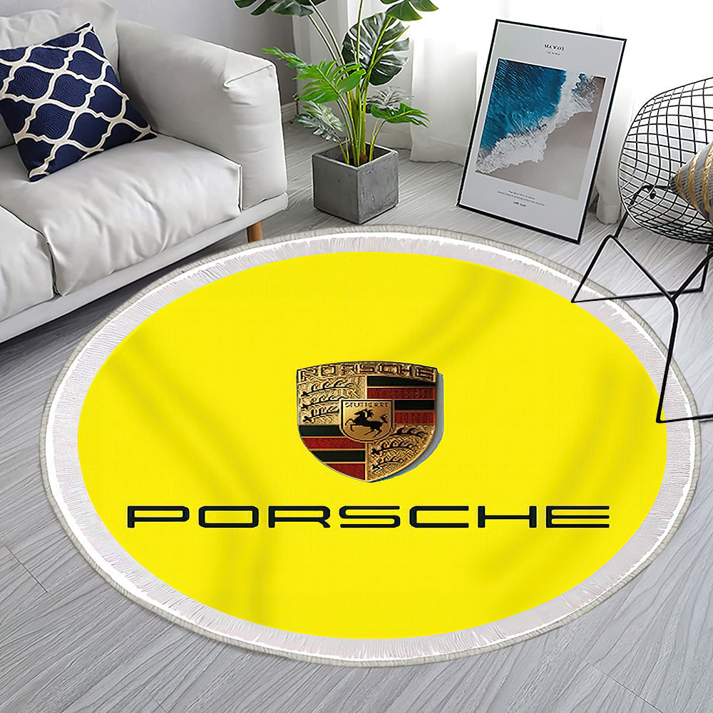 Logo auf gelbem Porsche Teppich Rund, Teppiche - Outdoor Teppich Rund, Teppich Wohnzimmer, Carpet, Rug