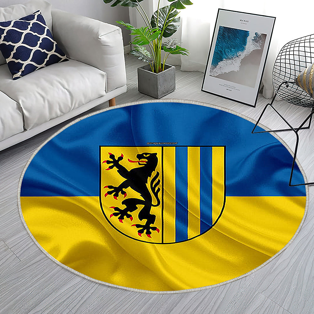 Fahne Leipzig Seideneffekt Teppich Rund, Teppiche - Blau Gelbe Seidenflagge Outdoor Teppich Rund, Wappen Teppich Wohnzimmer, Carpet, Rug