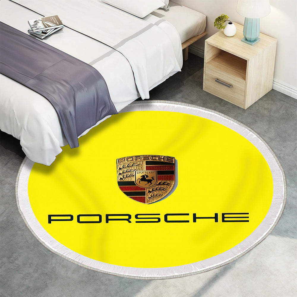 Logo auf gelbem Porsche Teppich Rund, Teppiche - Outdoor Teppich Rund, Teppich Wohnzimmer, Carpet, Rug
