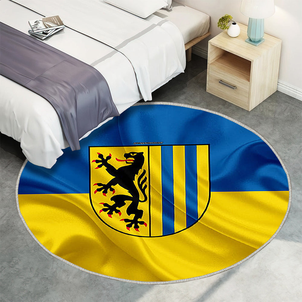 Fahne Leipzig Seideneffekt Teppich Rund, Teppiche - Blau Gelbe Seidenflagge Outdoor Teppich Rund, Wappen Teppich Wohnzimmer, Carpet, Rug