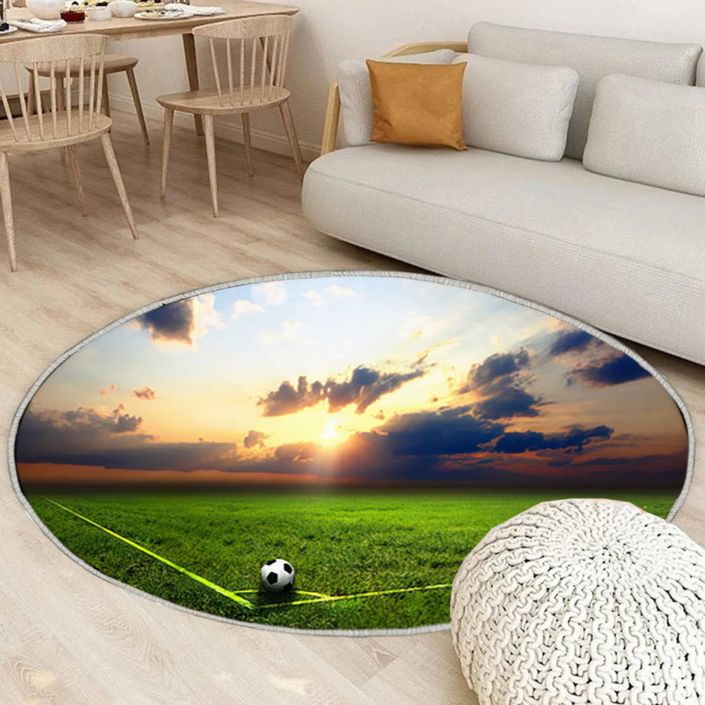 Schwarz Weiß Fußball auf dem Feld Teppich Rund, Teppiche - Outdoor Teppich Rund, Teppich Wohnzimmer, Carpet, Rug