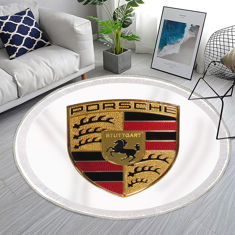 Porsche Emblem Weiß Teppich Rund, Teppiche - Outdoor Teppich Rund, Teppich Wohnzimmer, Carpet, Rug
