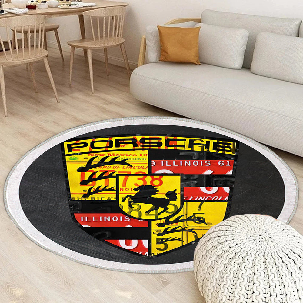 Porsche Sportwagen Recycling Vintage Nummernschild Car Tag Art. Nr Teppich Rund, Teppiche - Outdoor Teppich Rund, Teppich Wohnzimmer, Carpet, Rug