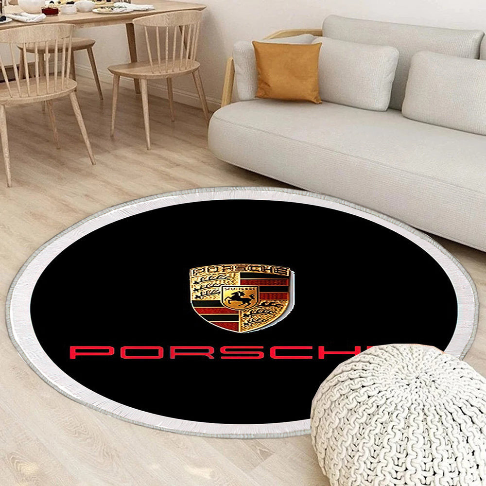 Porsche Logo in Rot auf Schwarz Teppich Rund, Teppiche - Outdoor Teppich Rund, Teppich Wohnzimmer, Carpet, Rug