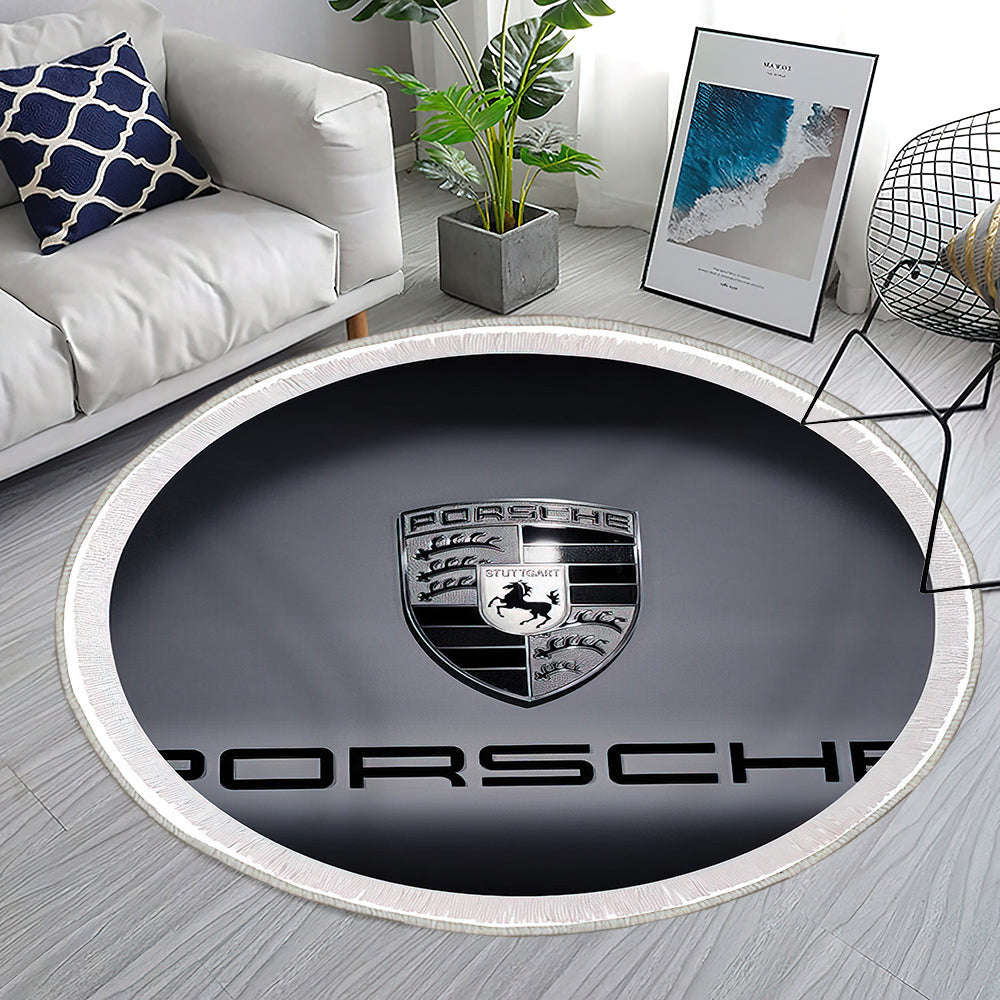 Porsche Auto Emblem isoliert Bw 2 Teppich Rund, Teppiche - Outdoor Teppich Rund, Teppich Wohnzimmer, Carpet, Rug