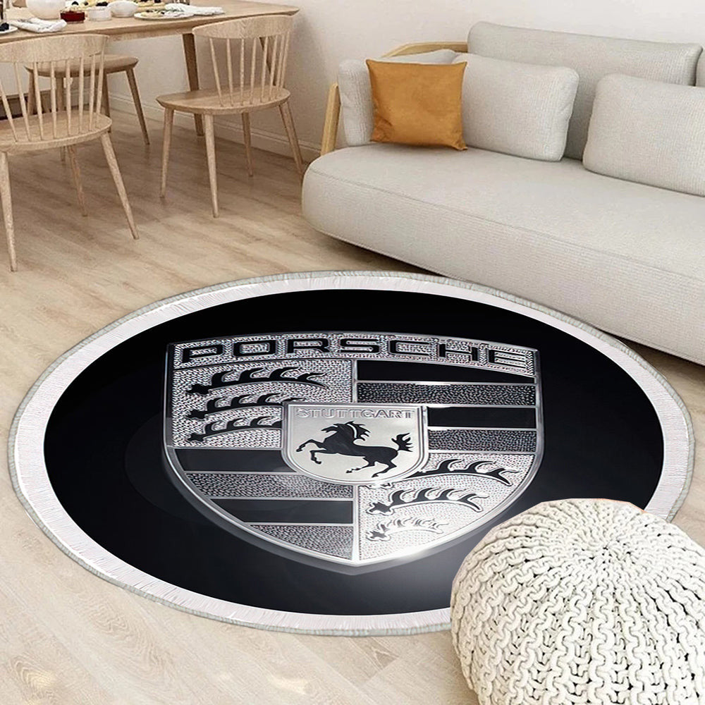 Porsche Autoemblem lokalisiertes Bw Teppich Rund, Teppiche - Outdoor Teppich Rund, Teppich Wohnzimmer, Carpet, Rug