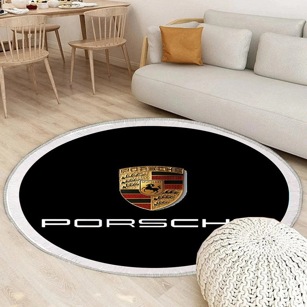 Porsche Logo in Weiß auf Schwarz Teppich Rund, Teppiche - Outdoor Teppich Rund, Teppich Wohnzimmer, Carpet, Rug
