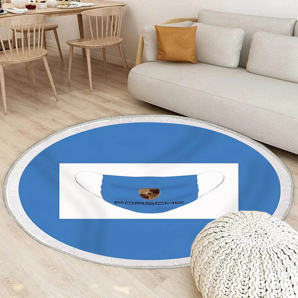 Gesichtsmaskenlogo auf blauem Porsche Teppich Rund, Teppiche - Outdoor Teppich Rund, Teppich Wohnzimmer, Carpet, Rug