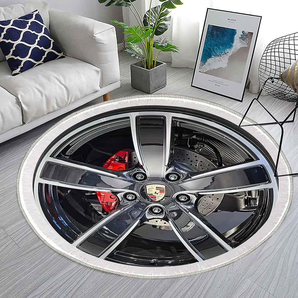 Porsche Rad und Emblem Teppich Rund, Teppiche - Outdoor Teppich Rund, Teppich Wohnzimmer, Carpet, Rug