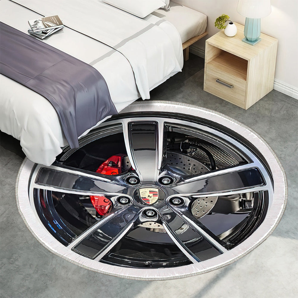 Porsche Rad und Emblem Teppich Rund, Teppiche - Outdoor Teppich Rund, Teppich Wohnzimmer, Carpet, Rug