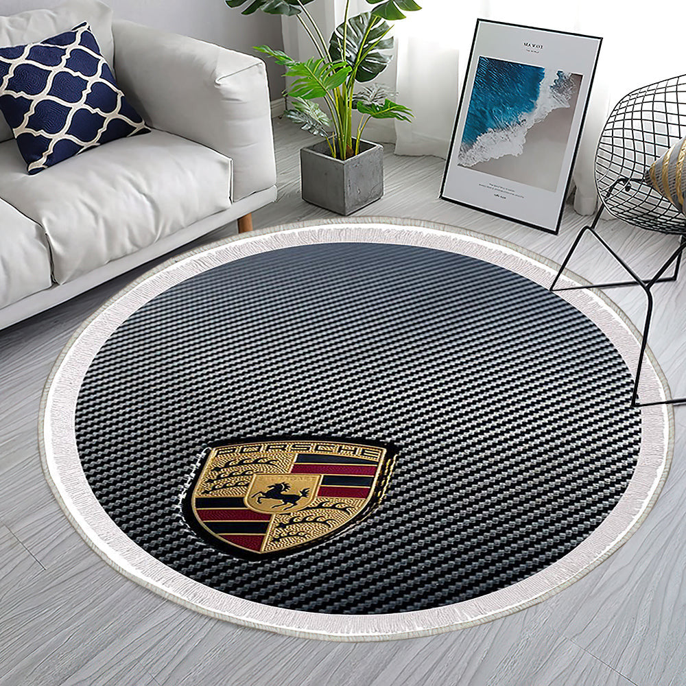 Porsche Logo auf vorderem Kofferraumdeckel aus Carbon Teppich Rund, Teppiche - Outdoor Teppich Rund, Teppich Wohnzimmer, Carpet, Rug