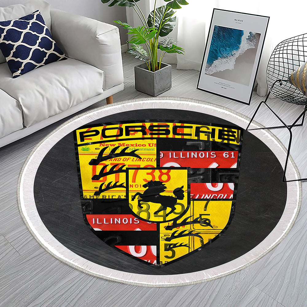 Porsche Sportwagen Recycling Vintage Nummernschild Car Tag Art. Nr Teppich Rund, Teppiche - Outdoor Teppich Rund, Teppich Wohnzimmer, Carpet, Rug