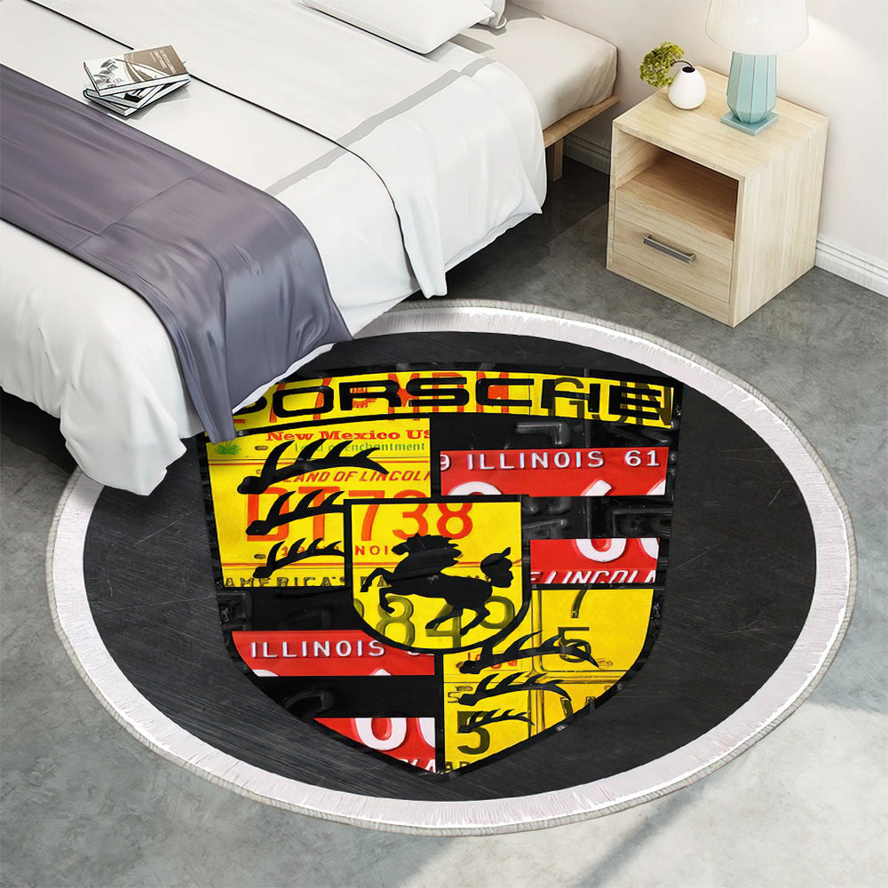 Porsche Sportwagen Recycling Vintage Nummernschild Car Tag Art. Nr Teppich Rund, Teppiche - Outdoor Teppich Rund, Teppich Wohnzimmer, Carpet, Rug