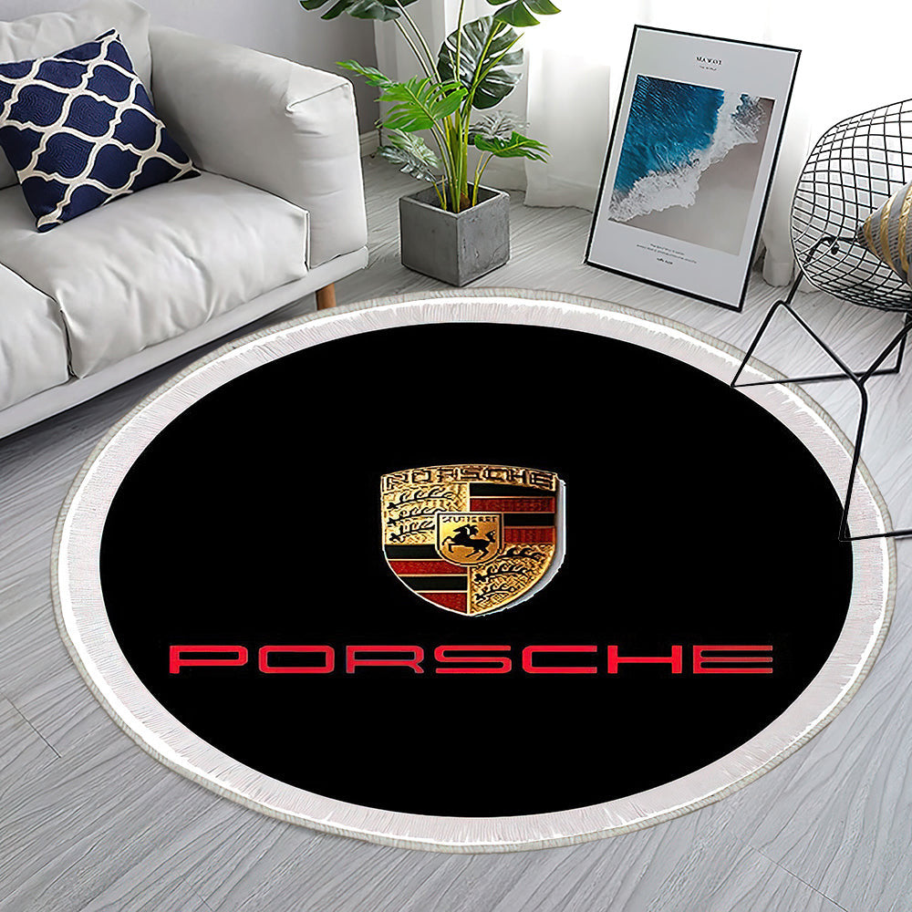 Porsche Logo in Rot auf Schwarz Teppich Rund, Teppiche - Outdoor Teppich Rund, Teppich Wohnzimmer, Carpet, Rug