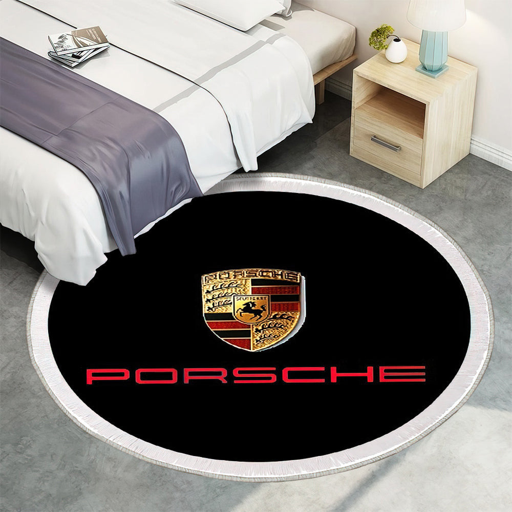 Porsche Logo in Rot auf Schwarz Teppich Rund, Teppiche - Outdoor Teppich Rund, Teppich Wohnzimmer, Carpet, Rug