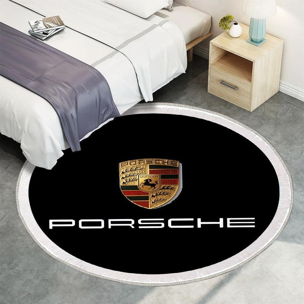 Porsche Logo in Weiß auf Schwarz Teppich Rund, Teppiche - Outdoor Teppich Rund, Teppich Wohnzimmer, Carpet, Rug