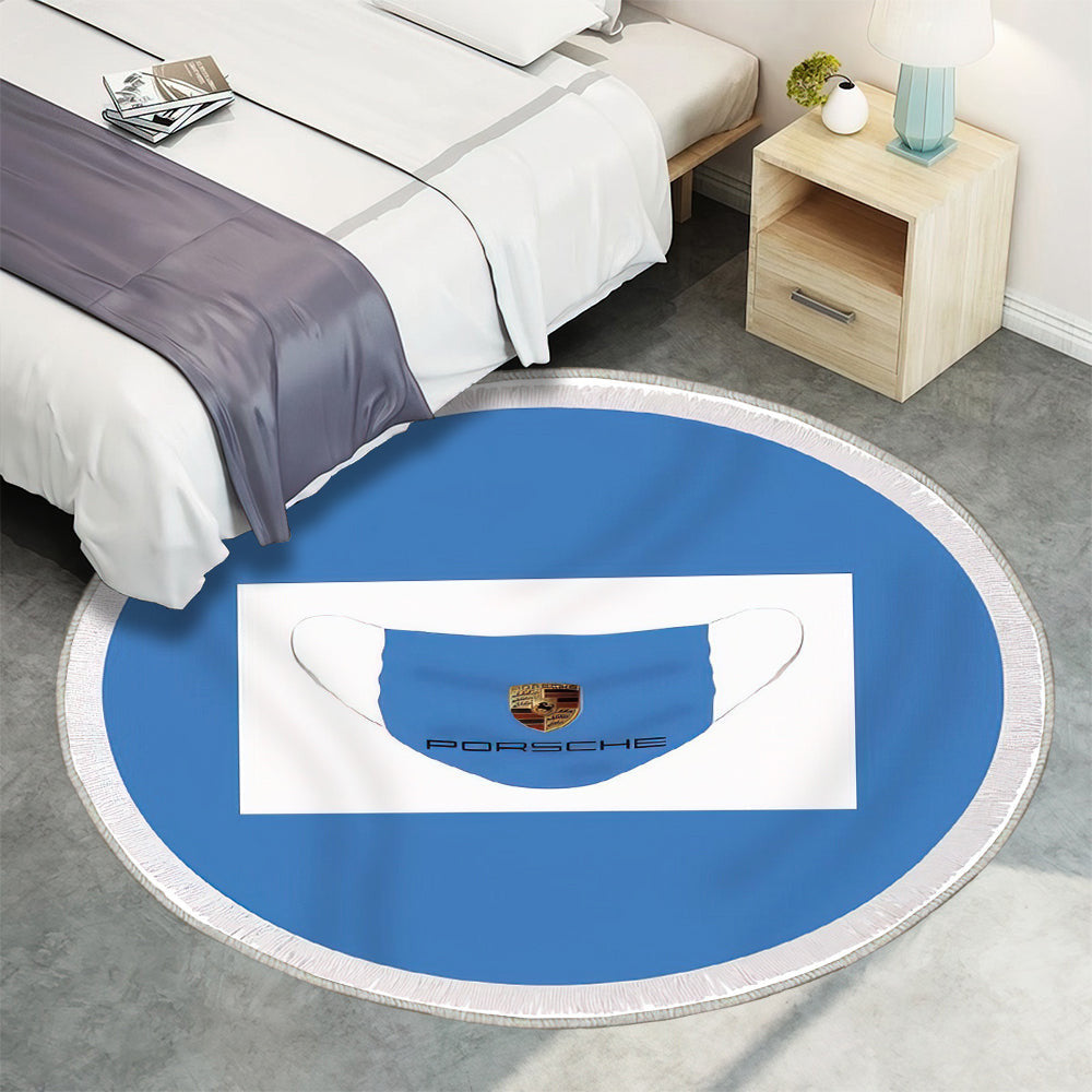 Gesichtsmaskenlogo auf blauem Porsche Teppich Rund, Teppiche - Outdoor Teppich Rund, Teppich Wohnzimmer, Carpet, Rug