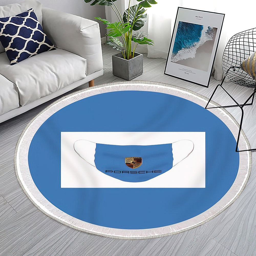 Gesichtsmaskenlogo auf blauem Porsche Teppich Rund, Teppiche - Outdoor Teppich Rund, Teppich Wohnzimmer, Carpet, Rug